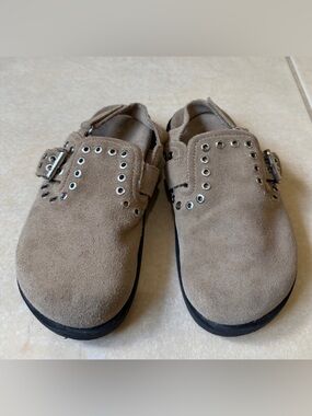 Zara Girls Sz 32 (1-1.5) Taupe Tan Split Leather Clogs Mule